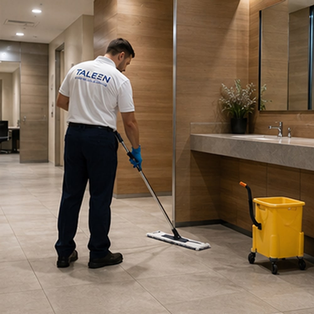 Taleen team member mopping the floor of a commercial restroom