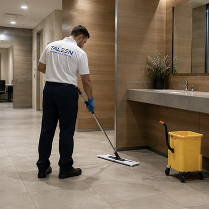 Taleen technician deep cleaning the floor of a commercial washroom